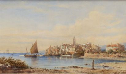 Anton PERKO ( 1833 - 1905 ) Vue d'un port animé Aquarelle et gouache Signé en bas...