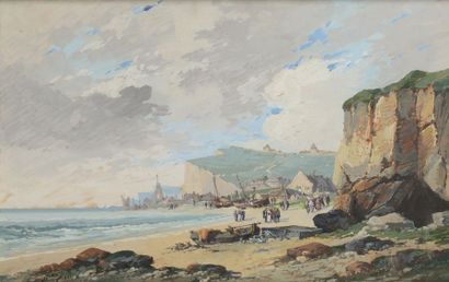 Eugène GALIEN-LALOUE ( 1854 - 1941 ) Bord de mer animé aux environs de Fécamp Gouache...