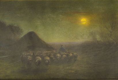Anton MAUVE (1838-1888) Berger et son troupeau au clair de lune Pastel Signé en bas...