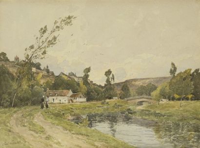 Paul LECOMTE ( 1842 - 1920 ) Paysage à l'étang Aquarelle Signé en bas à gauche 24,5...