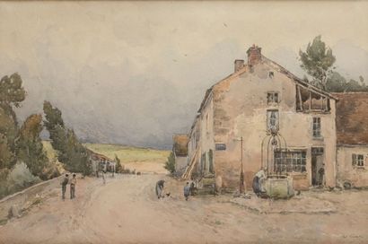 Paul LECOMTE ( 1842 - 1920 ) Vie au village Aquarelle Signé en bas à droite 32,5...