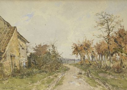Paul LECOMTE ( 1842 - 1920 ) L'entrée du village Aquarelle Signé en bas à gauche...