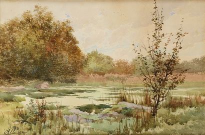 Auguste ALLONGE (1833-1898) Paysage à l'étang Aquarelle Signé en bas à gauche 50...