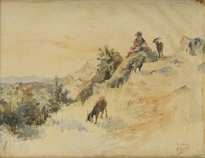Edouard HERZIG (1860-1926) Berger et son troupeau en Kabylie Aquarelle Signé en bas...