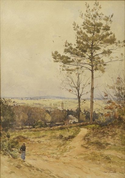Paul LECOMTE ( 1842 - 1920 ) Chemin vers le village Aquarelle Signé en bas à droite...