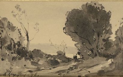 Henri Joseph HARPIGNIES ( 1819 - 1916 ) Paysage Lavis Signé et daté 98 en bas à gauche...