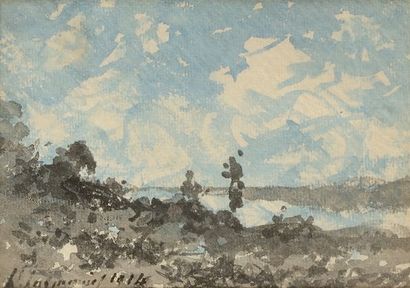 Henri Joseph HARPIGNIÈS (1819-1916) Paysage au ciel bleu Aquarelle et lavis Signé...