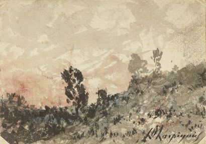 Henri Joseph HARPIGNIÈS (1819-1916) Coucher de soleil dans la lande Aquarelle et...