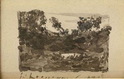 Henri Joseph HARPIGNIÈS (1819-1916) Paysage Lavis Signé et daté 1915 14 x 8,7 cm...