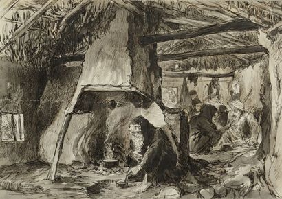 André LANCON (1836-1886) Famille turque dans une maison en ruine entre les lignes...