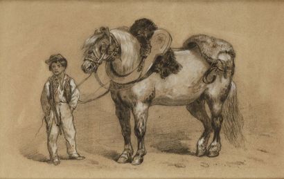 Jules Achille NOEL (1810-1881) Le petit palefrenier Fusain et craie blanche Tampon...