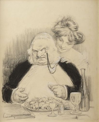 Charles LÉANDRE (1862-1934) Le mangeur d'écrevisses Crayon et craie blanche Signé...
