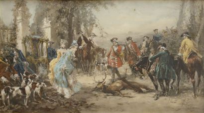 Vicente de PAREDES (1845-1903) Le retour de la chasse Gouache et aquarelle Signé...