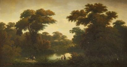 A. DRUJON ( XIX ) Paysage animé à l'étang Sur sa toile d'origine Signé en bas à gauche...