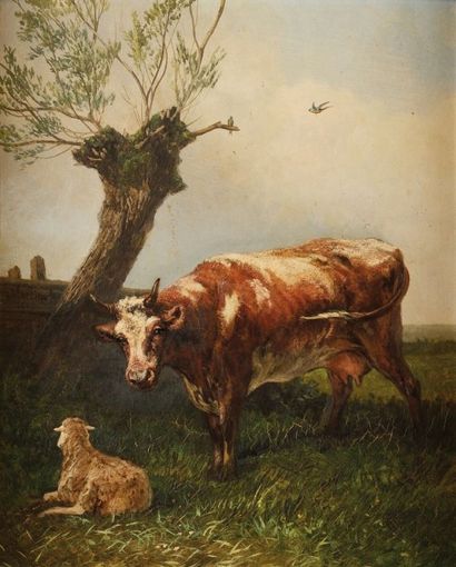 MARTINUS ( XIX ) Vache et mouton Sur sa toile d'origine Signé et daté 1876 au milieu...