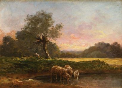 Louis Aimé JAPY (1840-1916) Moutons au crépuscule Sur sa toile d'origine Signé en...