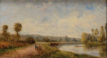 Victor Alexandre ROZIER (XIX) Homme et enfant se promenant le long du canal à Eragny...