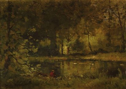 Charles Hippolyte DESMARQUAIS (1823-1910) Pêcheur en bord d'étang Huile sur panneau...