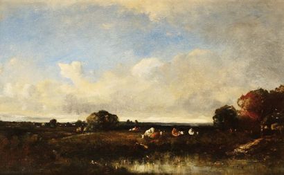 Léon Victor DUPRE (1816-1879) Le repos du troupeau Sur sa toile d'origine Signé en...