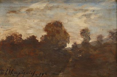 Henri Joseph HARPIGNIÈS (1819-1916) Paysage au crépuscule Huile sur panneau Signé...