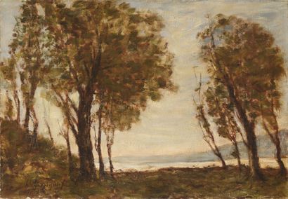 Henri Joseph HARPIGNIÈS (1819-1916) Paysage de bord de lac Sur sa toile d'origine...