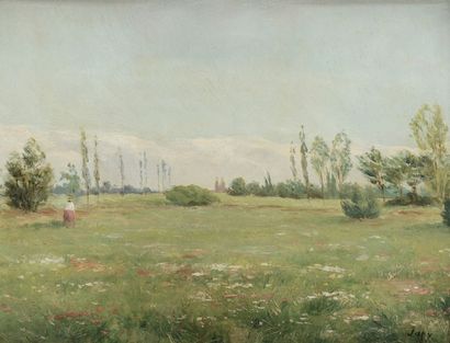 Louis Aimé JAPY (1840-1916) Paysage animé près de Chartres Huile sur panneau Signé...