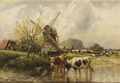 Etienne Maxime VALLÉE (act.1873-1881) Vaches près de Dordrecht Huile sur panneau...