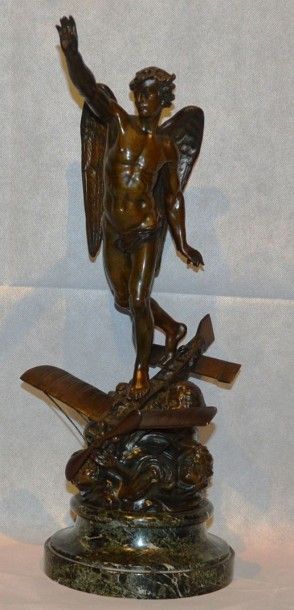 Emile CARLIER (1849- 1927) «Homme Ailé sur Blériot XI» Bronze signé E. Carlier. Figure...