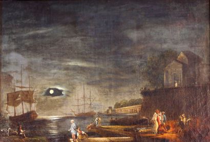 Ecole Française début XIXème siècle Scène de port au clair de lune
Huile sur toile
41...