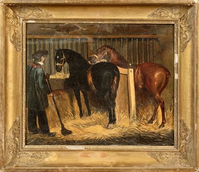 ÉCOLE FRANÇAISE, vers 1840 Palefrenier et deux chevaux
Huile sur toile 38 x 46 cm.
Expert:...