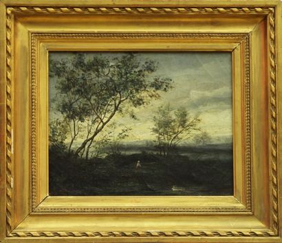 ECOLE FRANCAISE XIXeme SIECLE Paysage de bord d'étang
Huile sur toile 24 x 30 cm