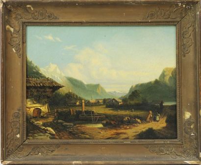 Ecole Suisse du XIXème siècle Paysage de montagnes avec maisons et personnages.
Huile...