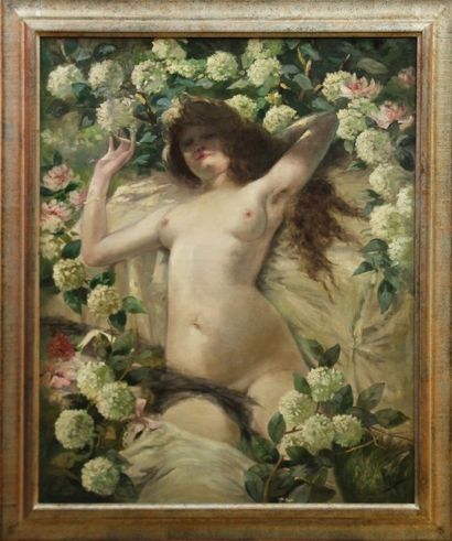 G. Nu féminin dans un bouquet d'hortensias Huile sur toile signée en bas à droite...
