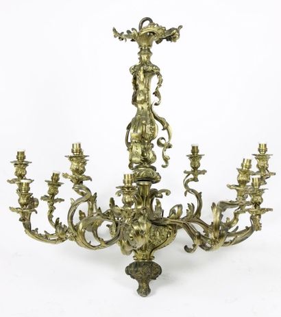 null LUSTRE en bronze et régule doré et ciselé de feuillages à 11 bras de lumières...