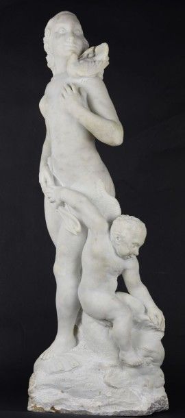 ECOLE FRANÇAISE XXème siècle Vénus et Eros Sculpture en marbre blanc
Haut: 73 cm