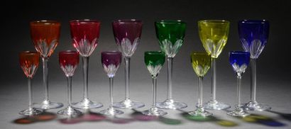 BACCARAT Service de verres en cristal taillé modèle Genova de couleurs différentes...