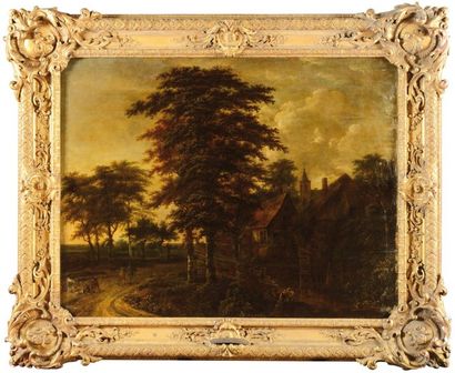 Meindert HOBBEMA (1638 - 1709) (Attribué à) Le Hameau Panneau de chêne, parqueté...