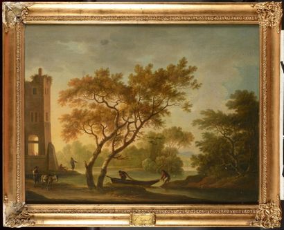 Claude-Joseph VERNET (1714-1789) (Entourage de ) Paysage à la barque
Huile sur toile...