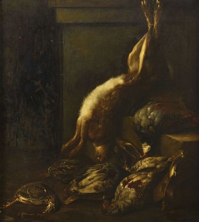 J. PELISSIER ( XIX ) Nature morte au lièvre et aux oiseaux
Huile sur toile
Signé...