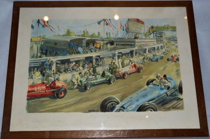 GÉO HAM (GEORGES HAMEL, 1900-1972) «Arrêts aux stands pendant un Grand Prix»
Estampe...