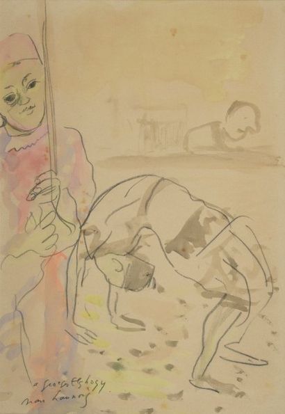 Jean LAUNOIS (1898-1942) Acrobatie crayon noir et aquarelle sur papier beige (petites...