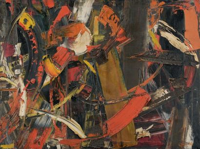 MICHEL CADORET (1912-1985) Amitié, circa 1963.
Peinture et collage sur toile (très...