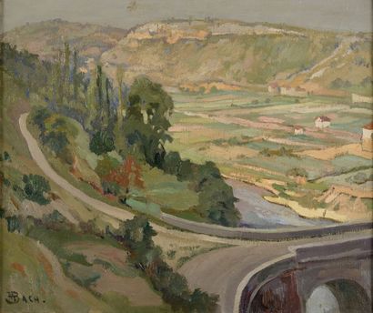 Marcel BACH (1879-1950) Route et aqueduc devant une vallée
Huile sur toile (petits...