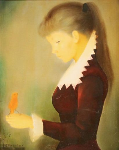 Guy SERADOUR (1922-2007) Jeune fille au canari
Huile sur toile
Signée en bas à gauche...