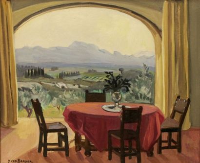Yves BRAYER (1907-1990) Paysage à la nappe rouge, 1979
Huile sur toile
Signée en...