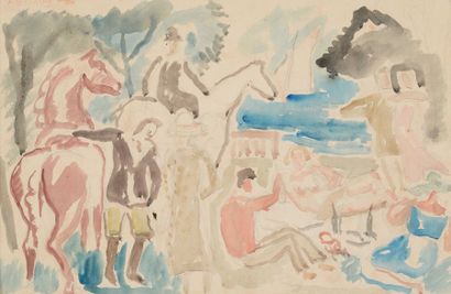 André FAVORY (1888-1937) Pique-nique et cavaliers devant la mer, aquarelle (insolation...