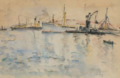 AMELIE DELACOSTE (XXe) Cargos au port, 1937 aquarelle (rousseurs et insolation),
Signée...