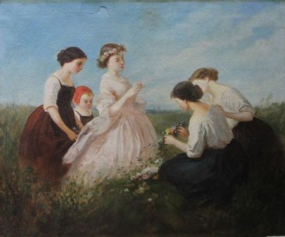 ECOLE FRANCAISE fin XIXeme SIECLE La cueillette de fleurs Huile sur toile 60 x 73...