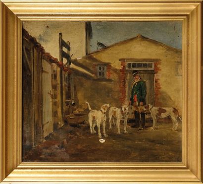 Gaston ROULLET (1847-1925) Chasseur et ses chiens au chenil
Sur sa toile d’origine
Signée...