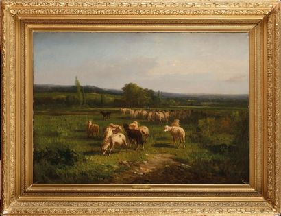 André CORTES (1815-1880) Moutons au pâturage 
Sur sa toile d’origine
Signée en bas...